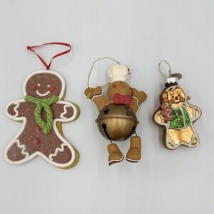 Gingerbread Man Ornaments Set of 3 - Resin Glass‎ Bell Themed Christmas Tree